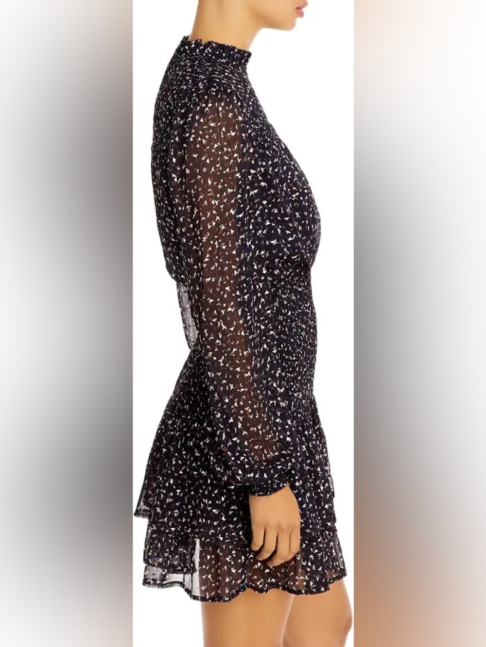 Aqua by Bloomingdales Ditsy Geo Smocked Mini Dress Black Metallic Sheer S NWT